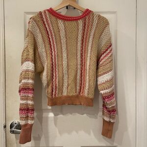 Free People Tan and Pink Crew Neck Sweater with Vintage Stripes